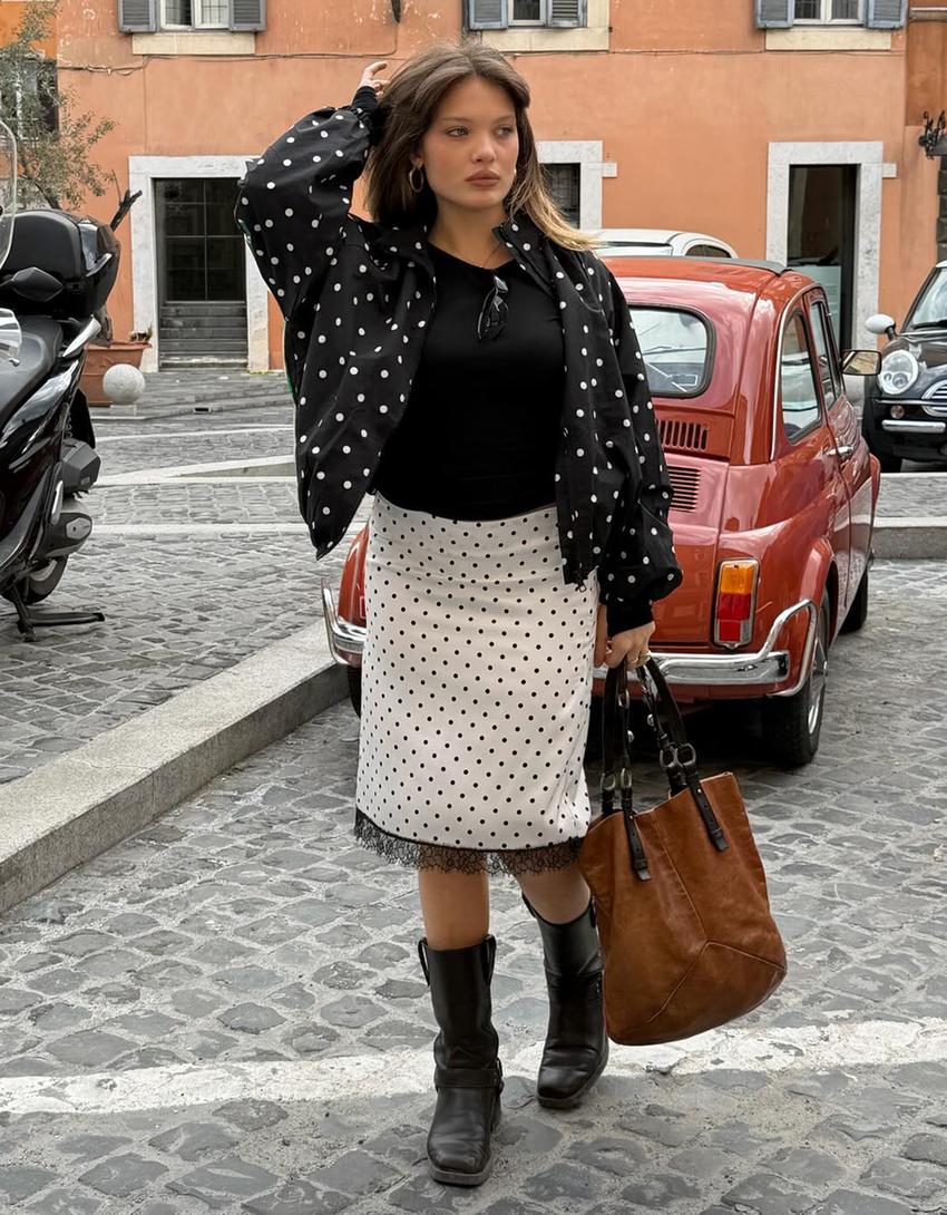 Falda midi satén-Blanco / Negro