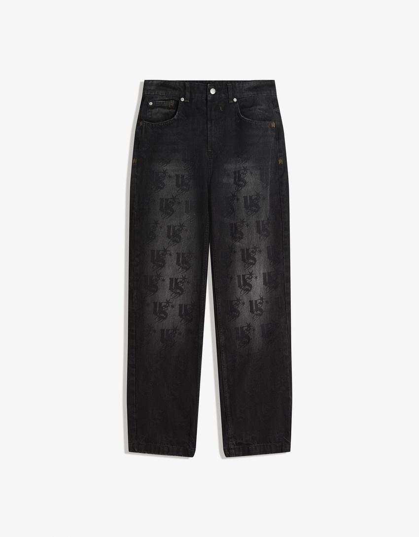 Straight-leg jeans met laserprint-Zwart