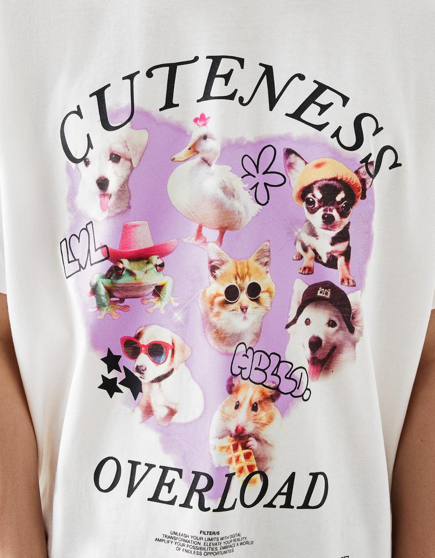 T-shirt Bershka Wearable Art oversize fit com estampado-Gelo-6