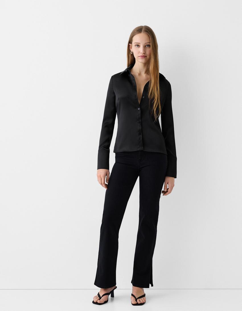 Fitted satin shirt with bell sleeves-Black-3