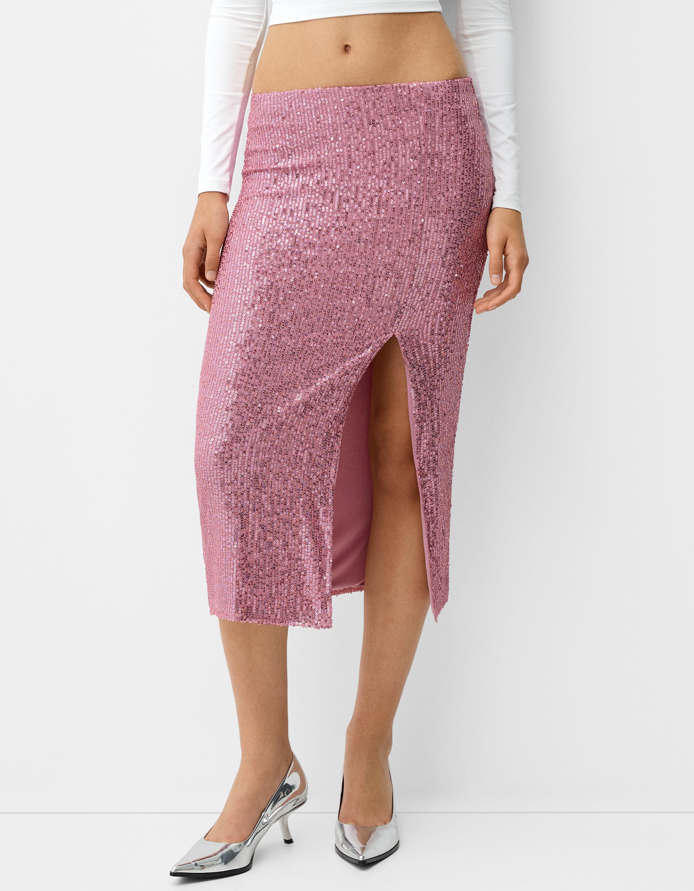 Bershka Midirock Mit Pailletten Damen Xs Rosa