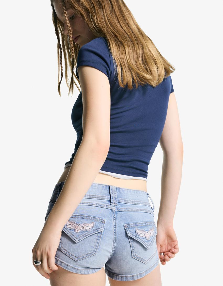 Short denim bordado-Azul lavado