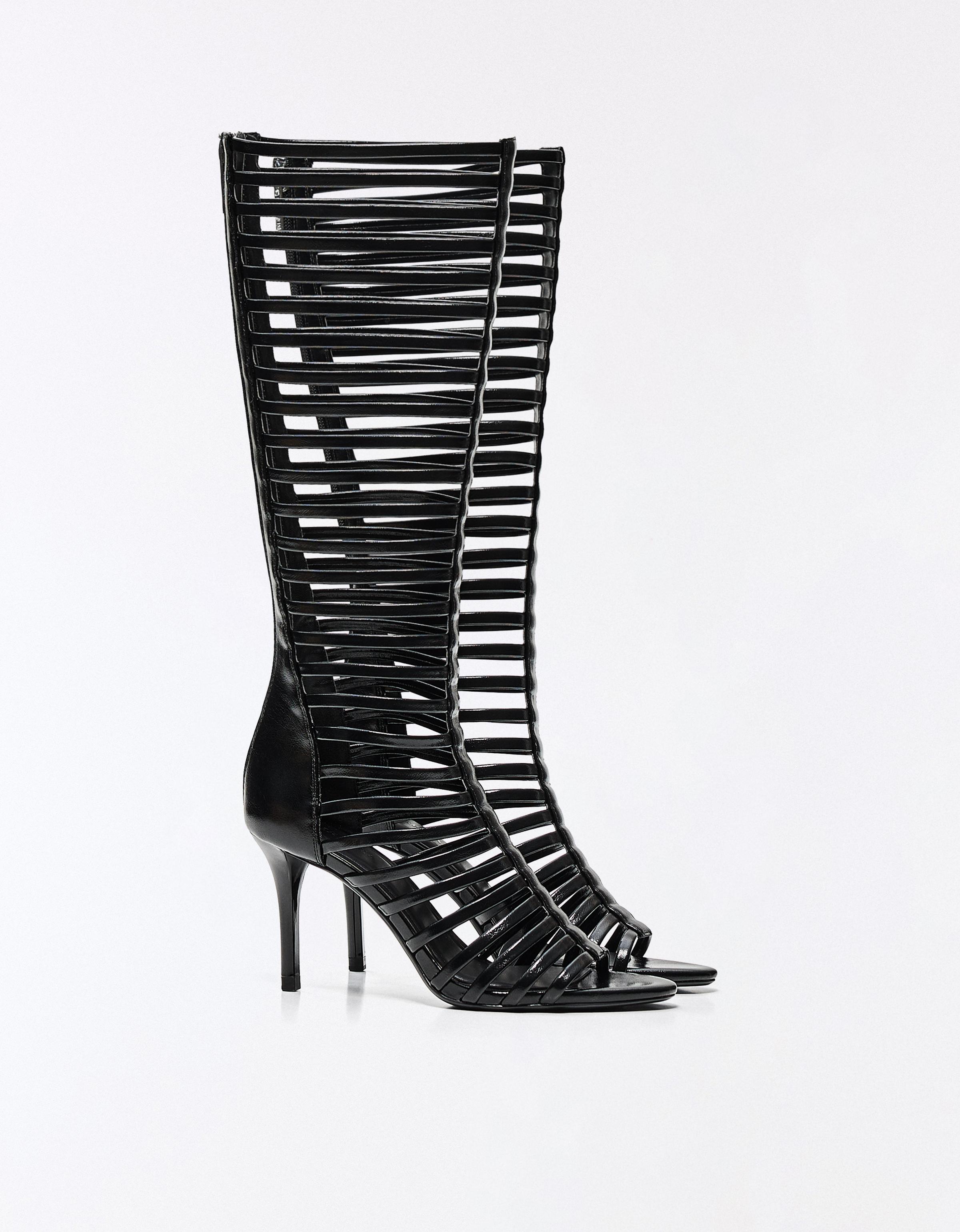 MULTI-STRAP HEELED BOOT SANDALS — BLACK