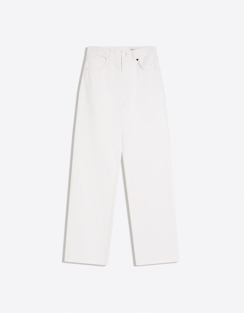 Jeans wide leg straight tiro alto-Crudo