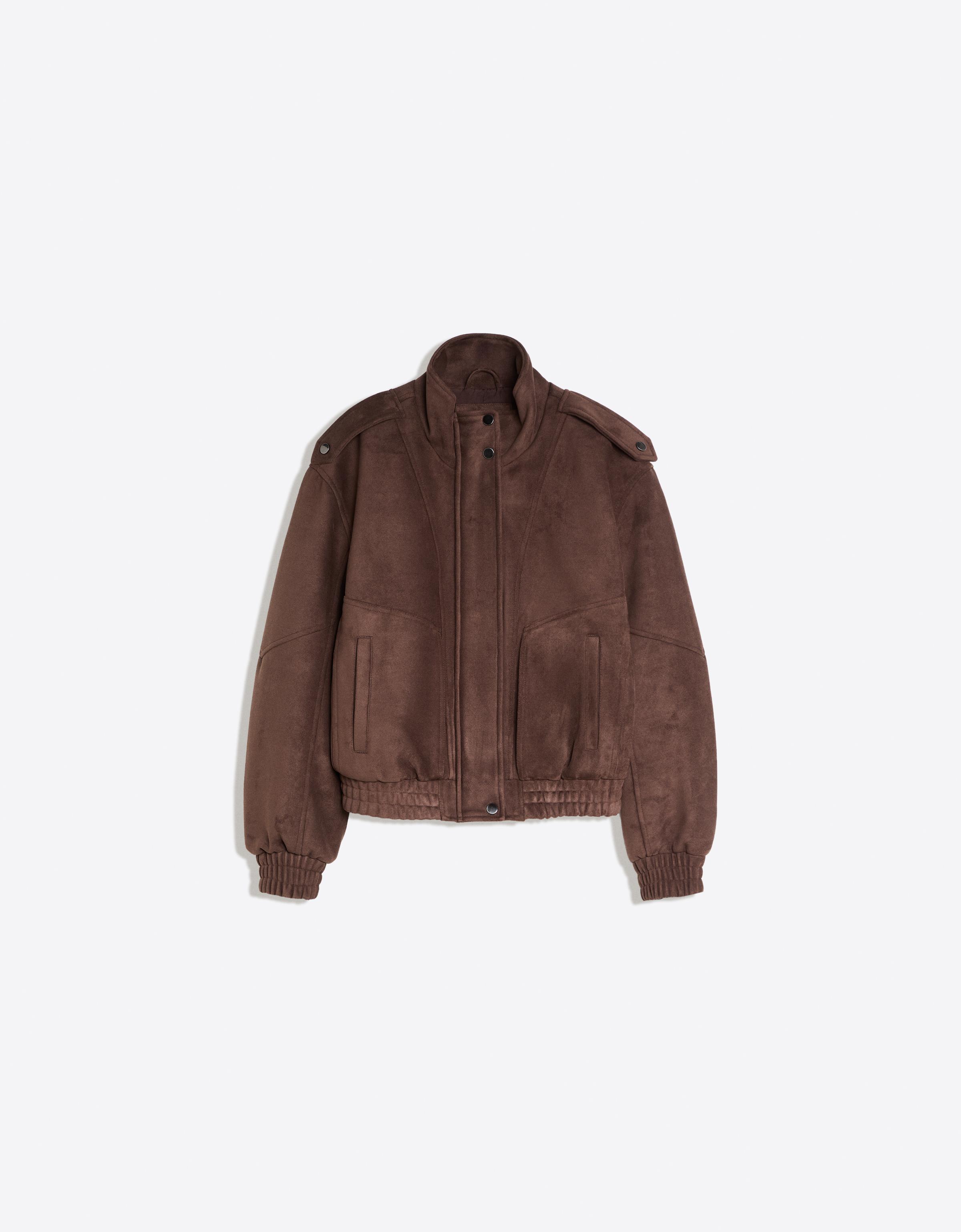 Faux suede funnel neck jacket — Brown