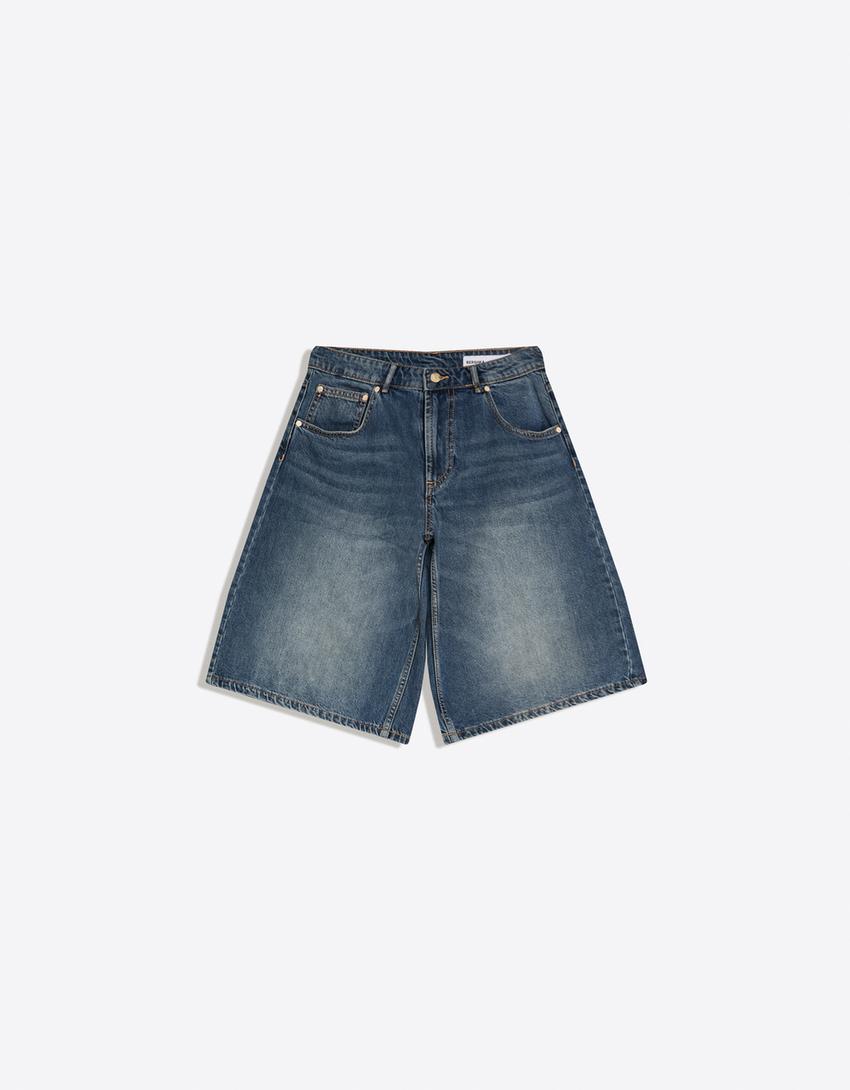 Baggy denim Bermuda shorts-Blue
