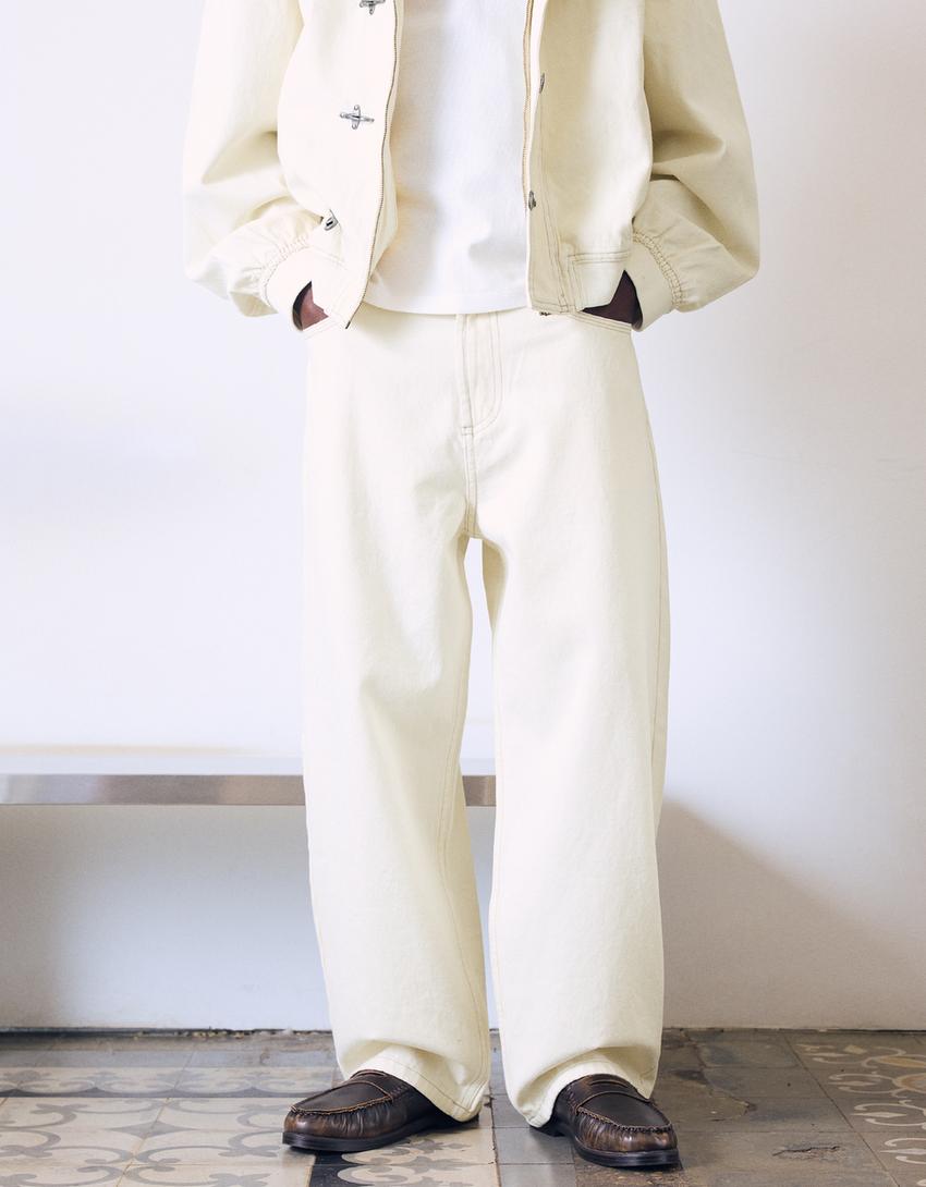 Embroidered neo barrel carpenter jeans-Cream