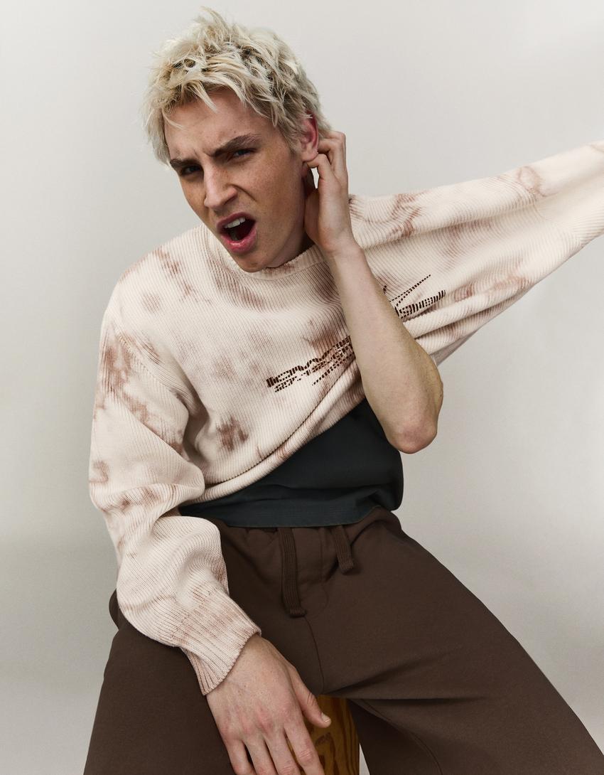 Printed crew neck sweater-Beige