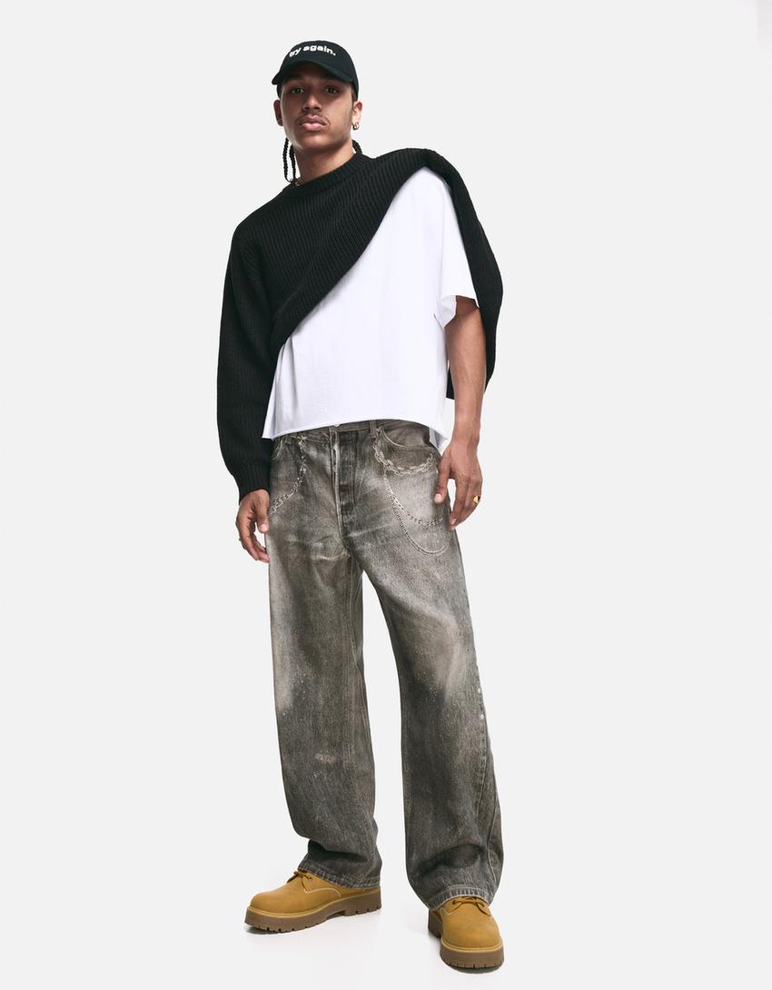 Vrećaste farmerke sa dezenom-Crna