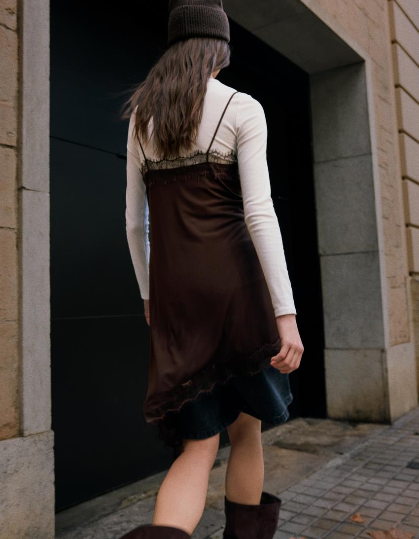 Vestido mini tul encaje-Marrón