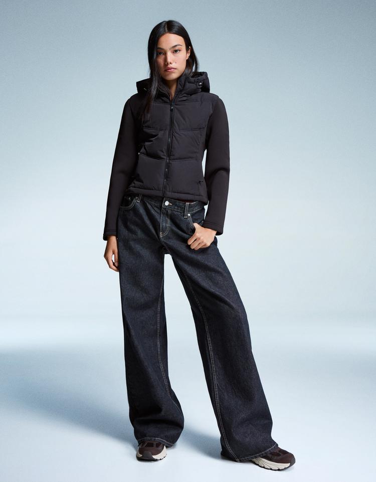 Sentetik kauçuk kumaş efektli kombine kapitone ceket