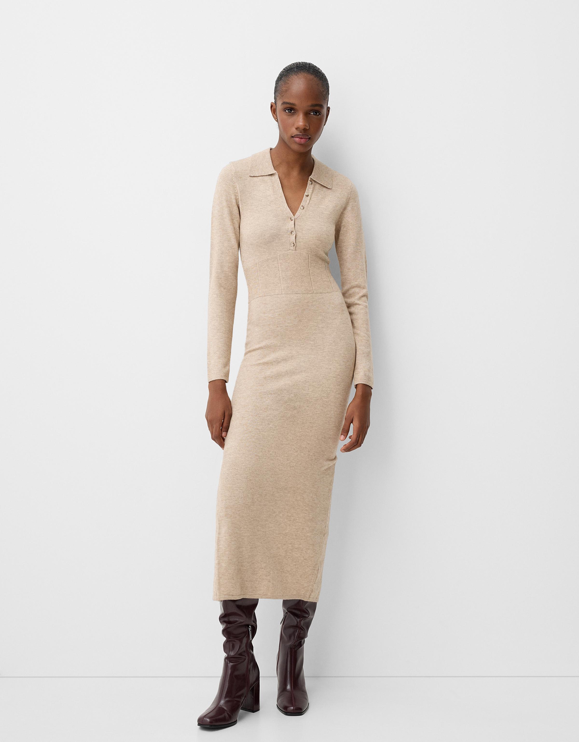 Bershka Midikleid Mit Polokragen Damen S Sandfarbe