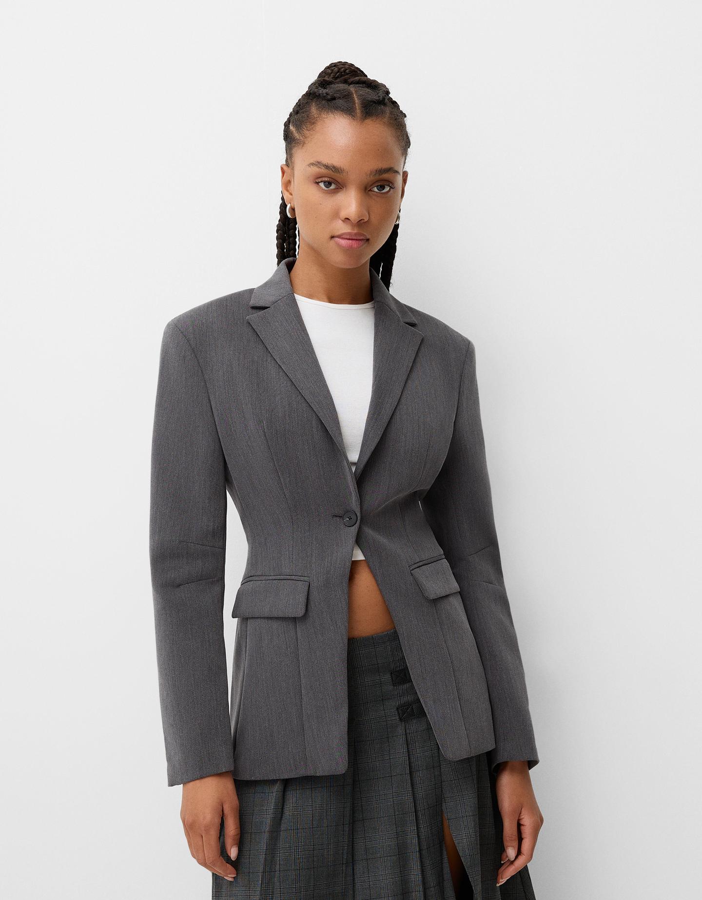 Bershka Blazer Entallada Bolsillos Mujer S Gris