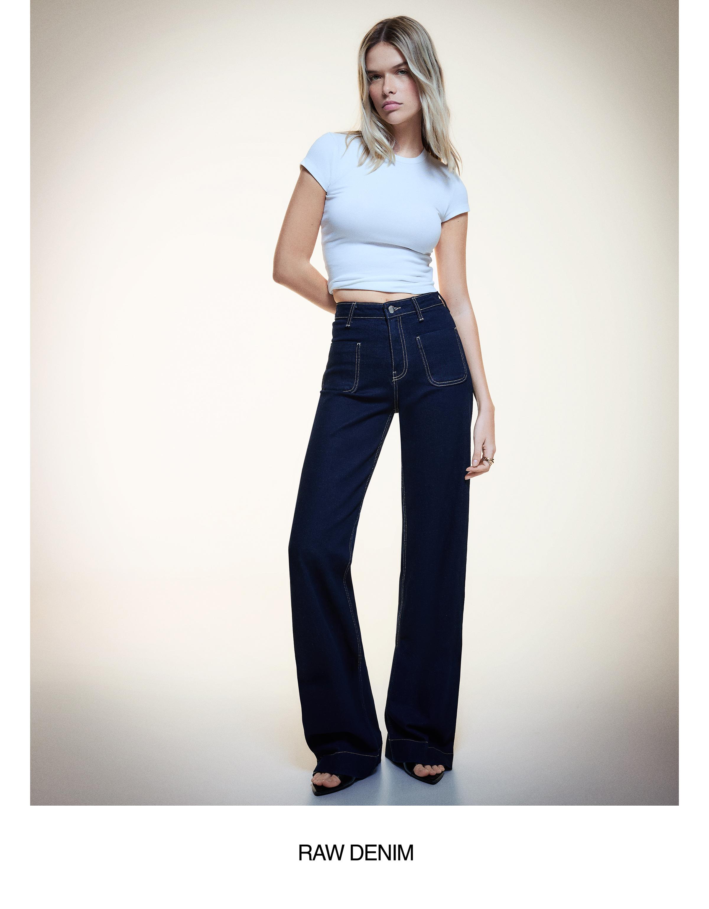 Yüksek bel dikişsiz cepli geniş paça jean - Görsel 30