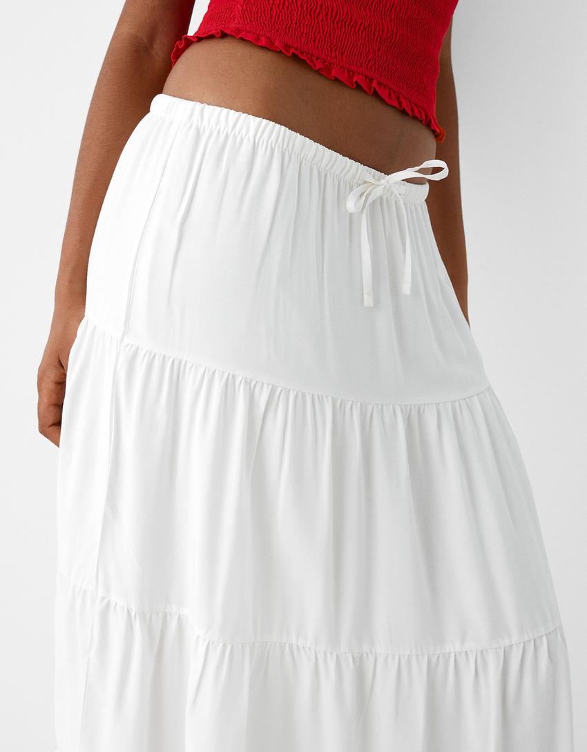 Midi skirt with elastic waist-White-6