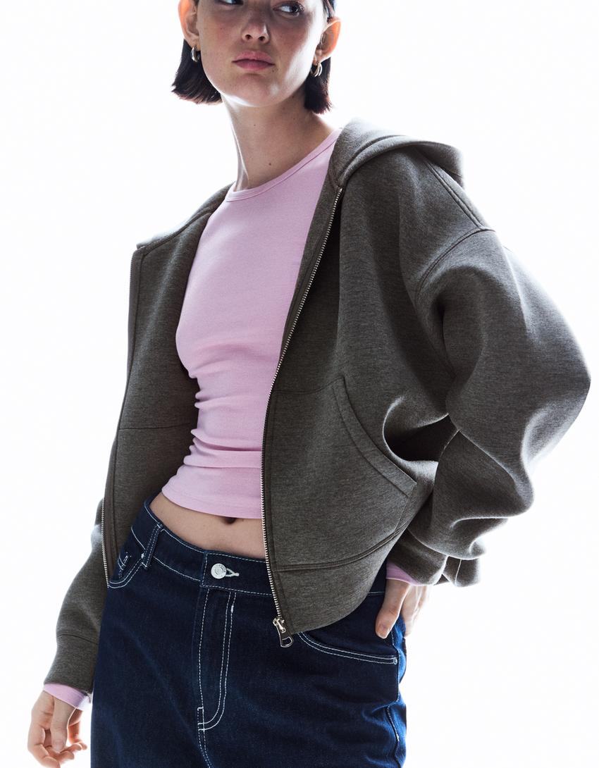 Sweatshirt ritsleting oversize efek karet sintetis-Abu-abu