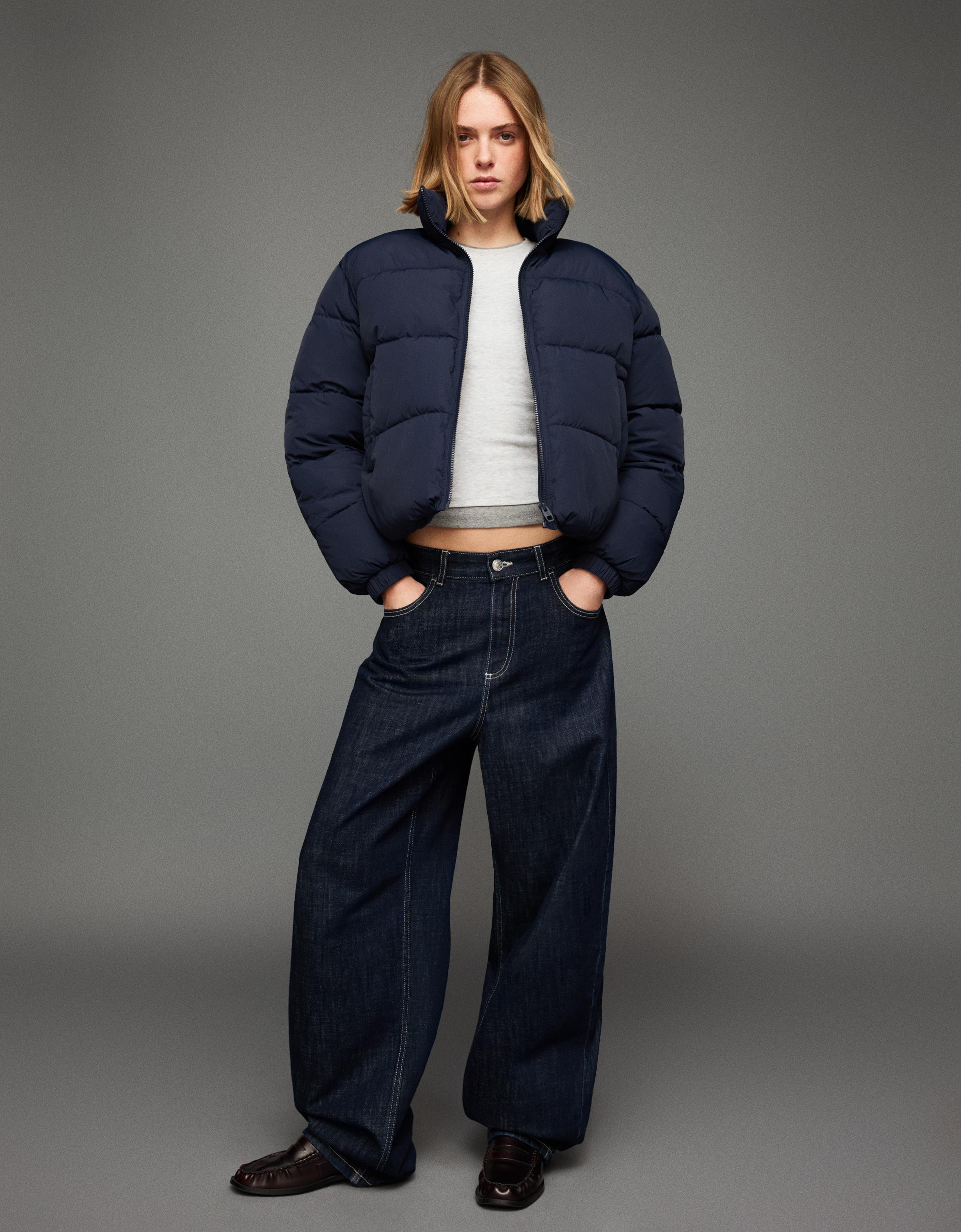 Bershka Puffy Jacke Damen L Marinenblau