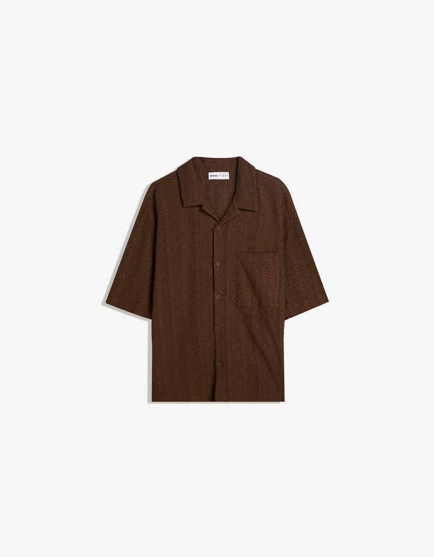 Embroidered short sleeve shirt-Brown