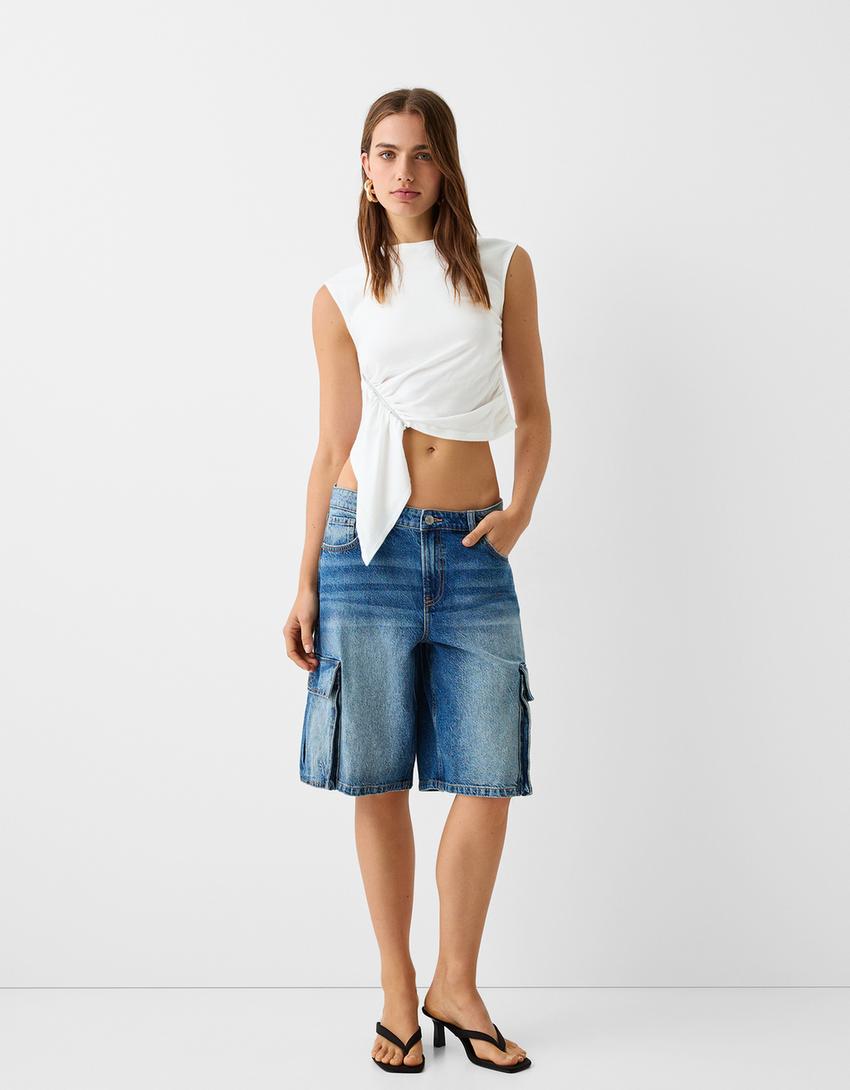 Fermuarlı kolsuz t-shirt-Kirli beyaz-3