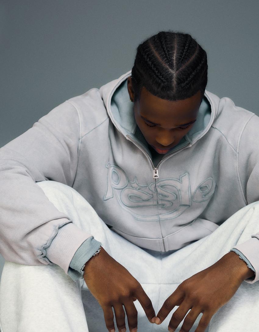 Embroidered zip-up hoodie-Light blue