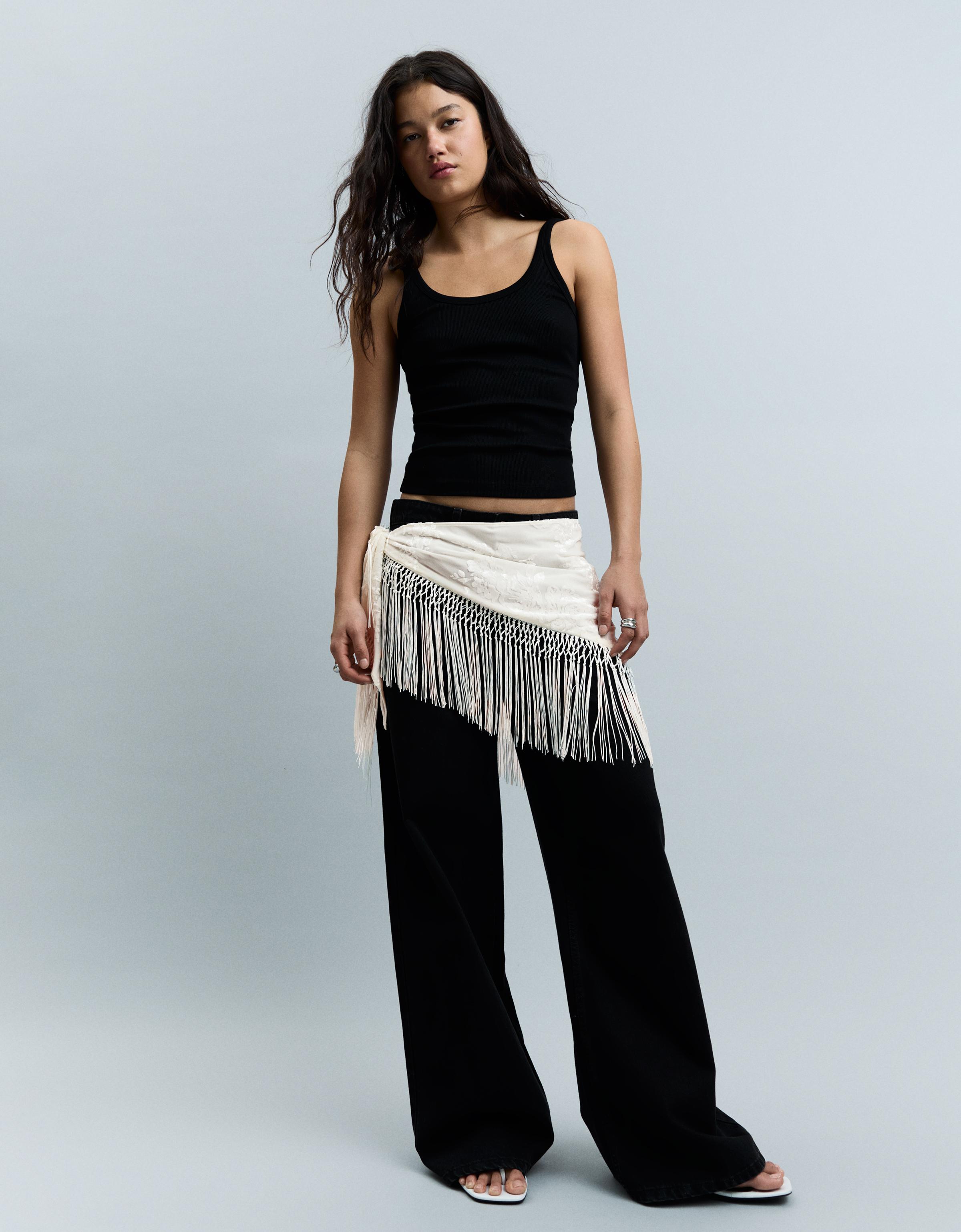 Bershka Pañuelo Flecos Mujer Crudo