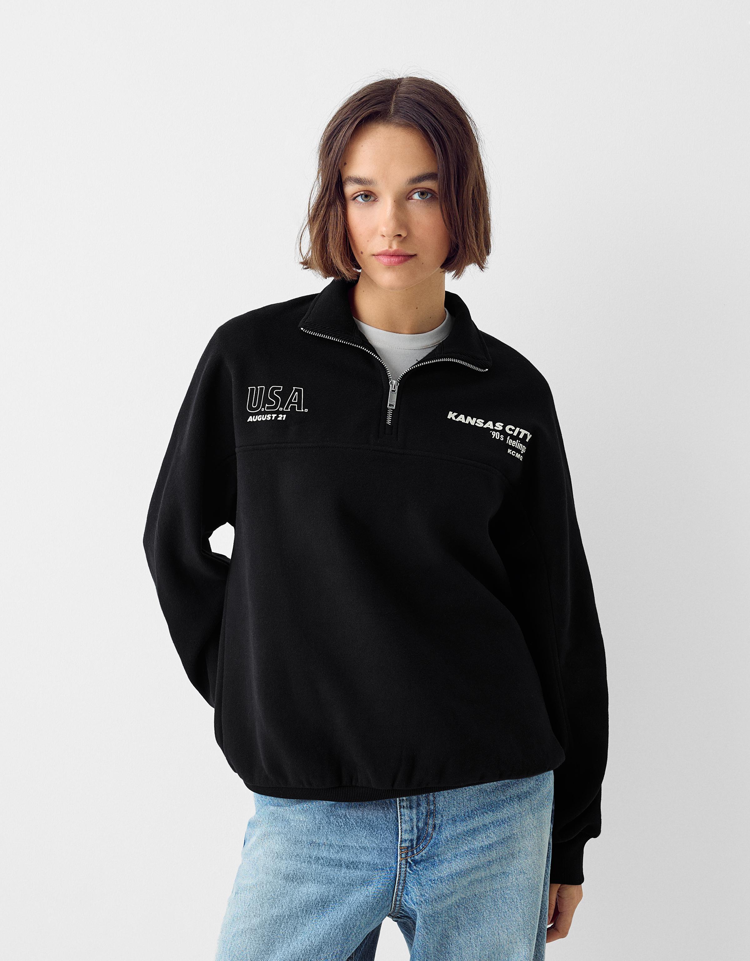 Bershka Bedruckte Sweatshirtjacke Damen Xs Schwarz