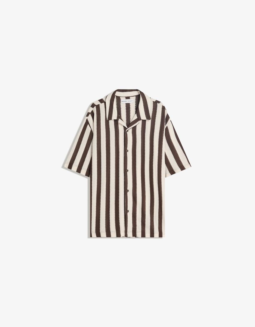 Rustic striped short sleeve shirt-Brown