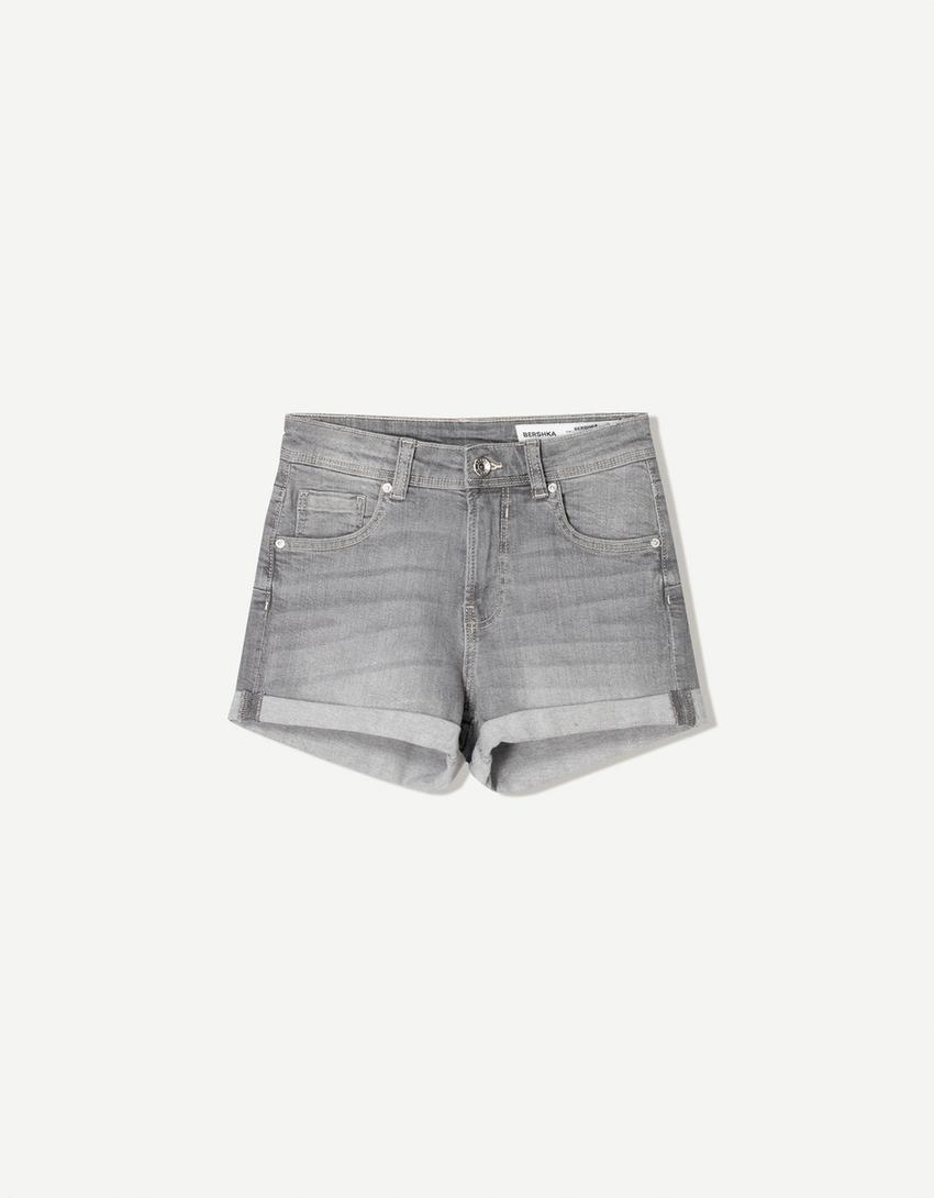 Roll-up denim shorts-Grey