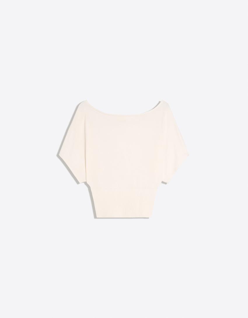 Asimetrik yaka t-shirt-Krem
