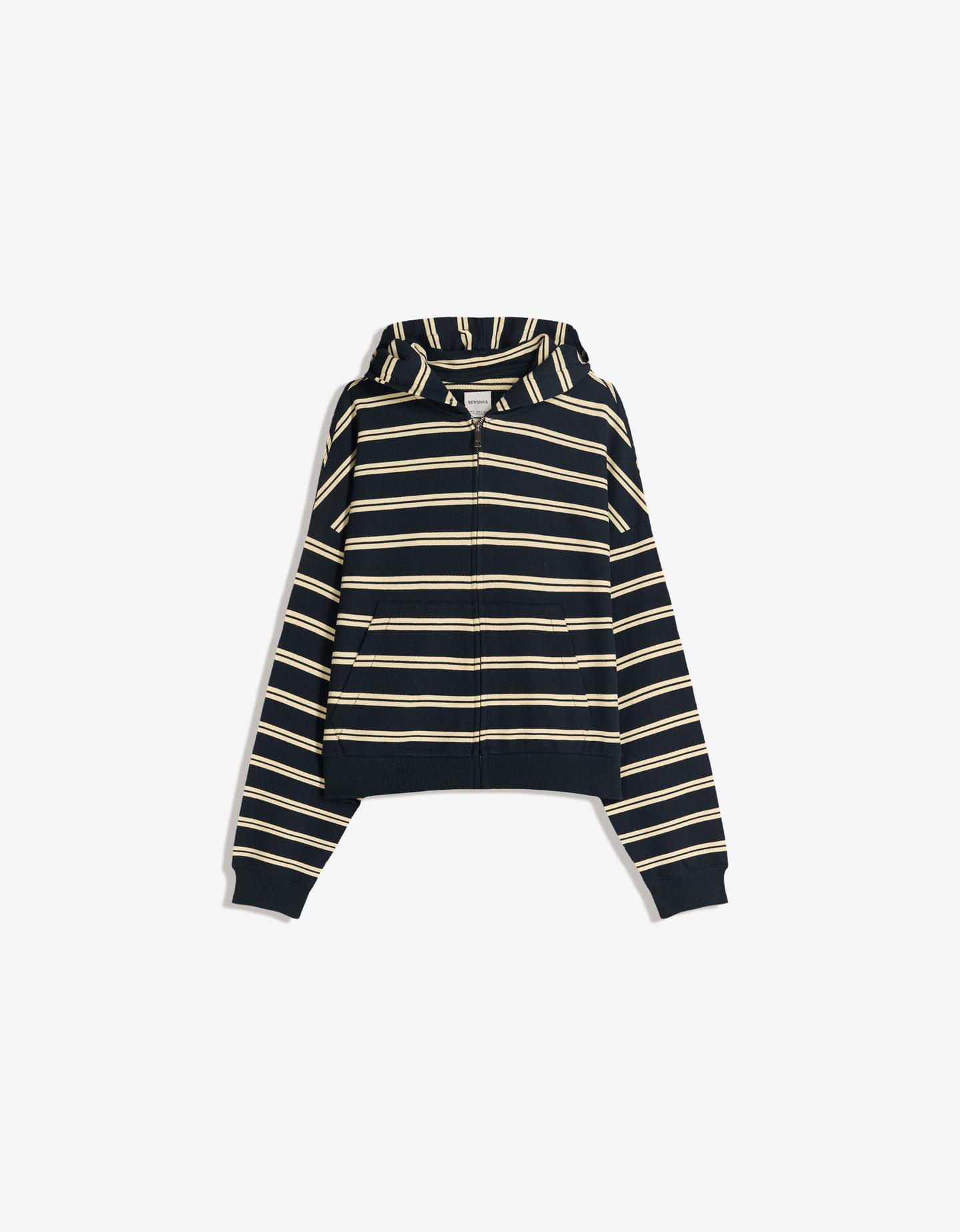 Bershka bluza w paski z kapturem i suwakiem granatowy