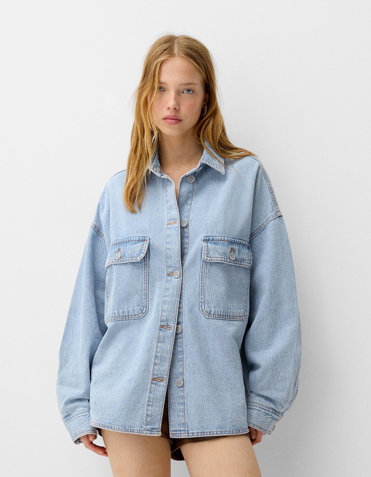 Bershka Giacca Camicia In Denim Oversize Donna Xs-S Azzurro Lavato