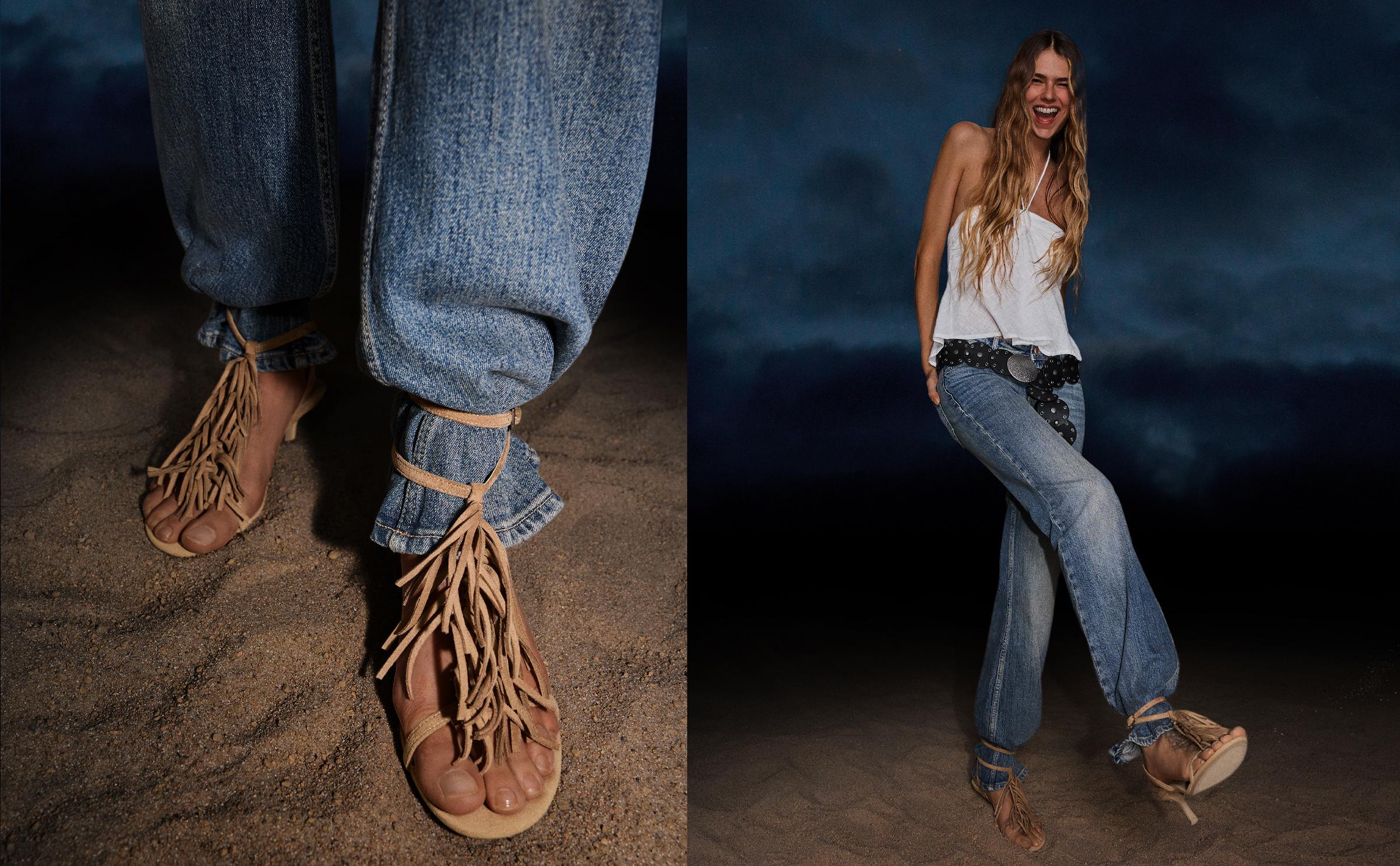 Kitten-heel sandals with fringing