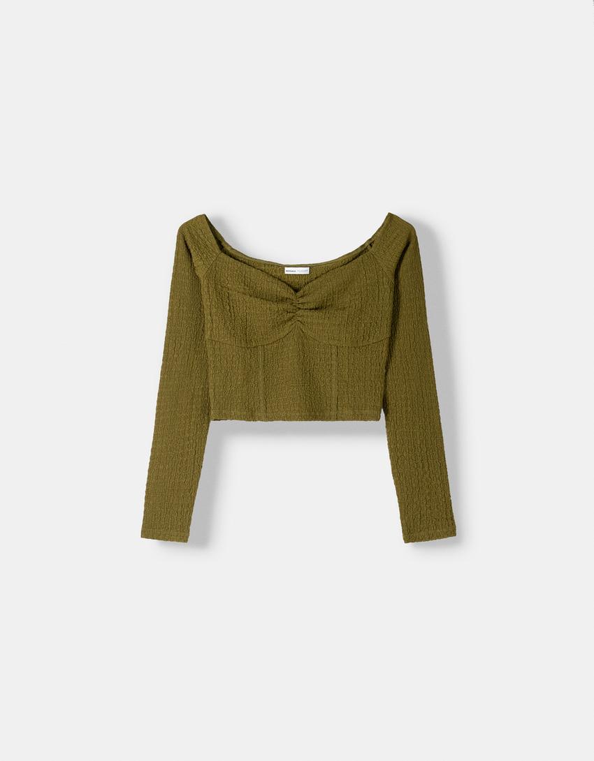 T-shirt manches longues gaufré-Vert-4