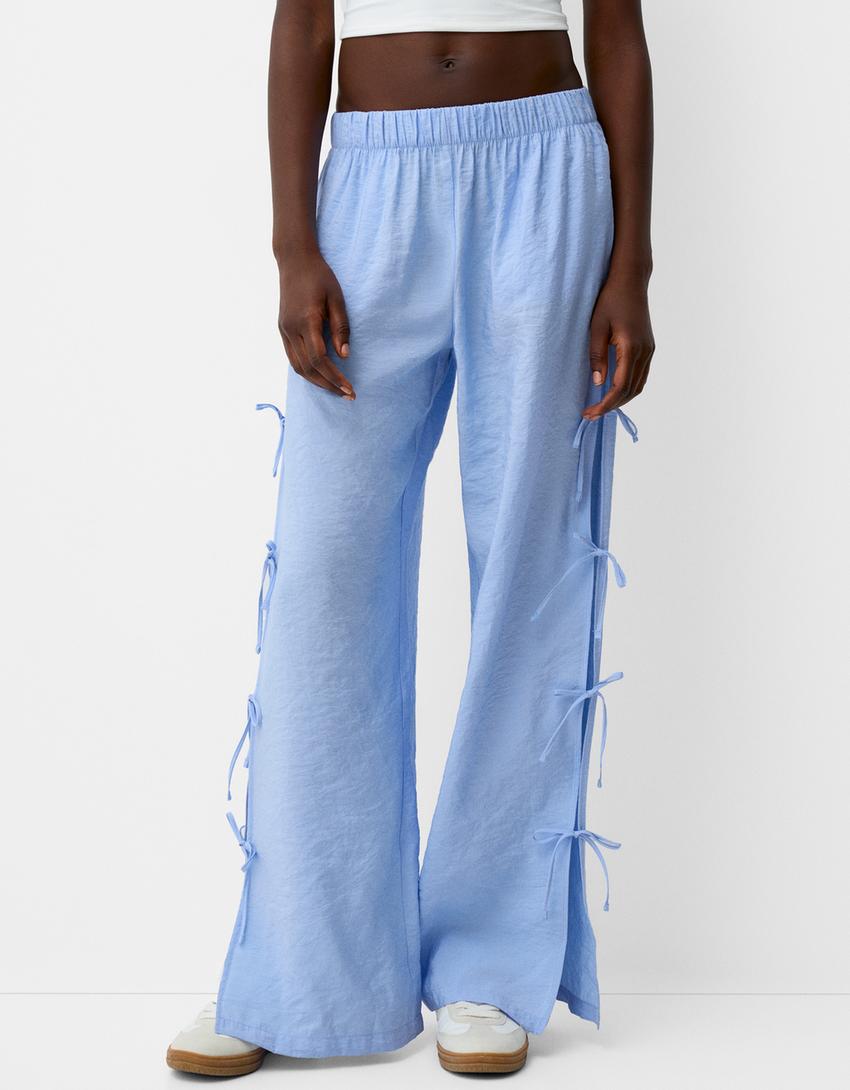 Flowing pants with side ties-Light blue-1