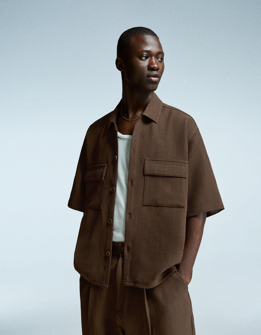 Short-sleeve tailored shirt-Brown-0