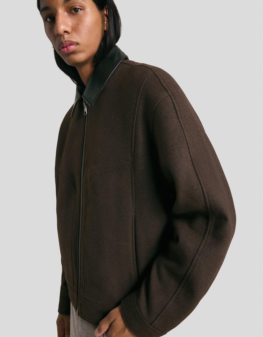 Synthetic wool jacket with contrast collar-Brown