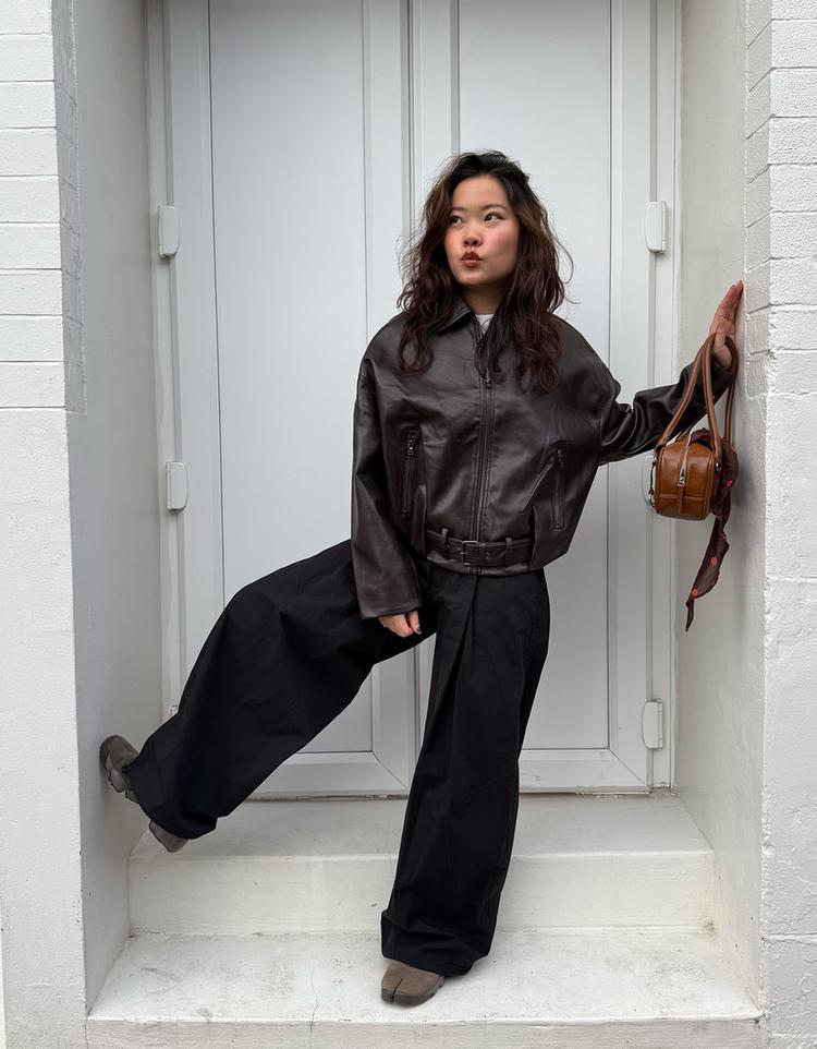 Faux leather bomber jacket with belt