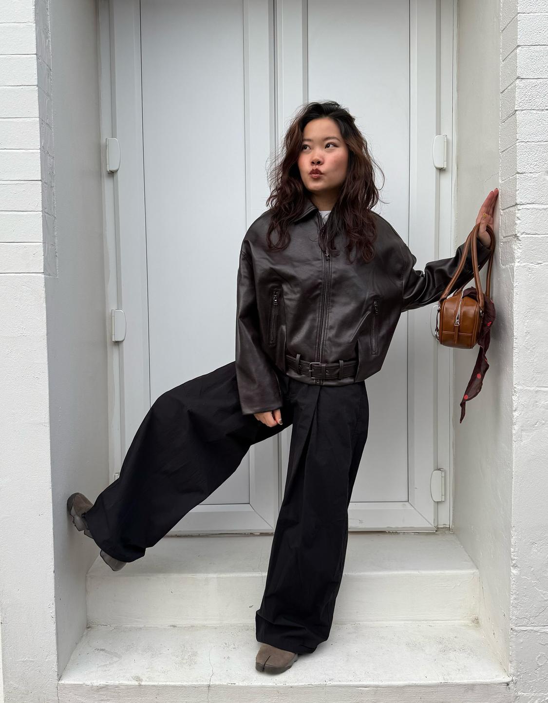 Faux leather bomber jacket with belt