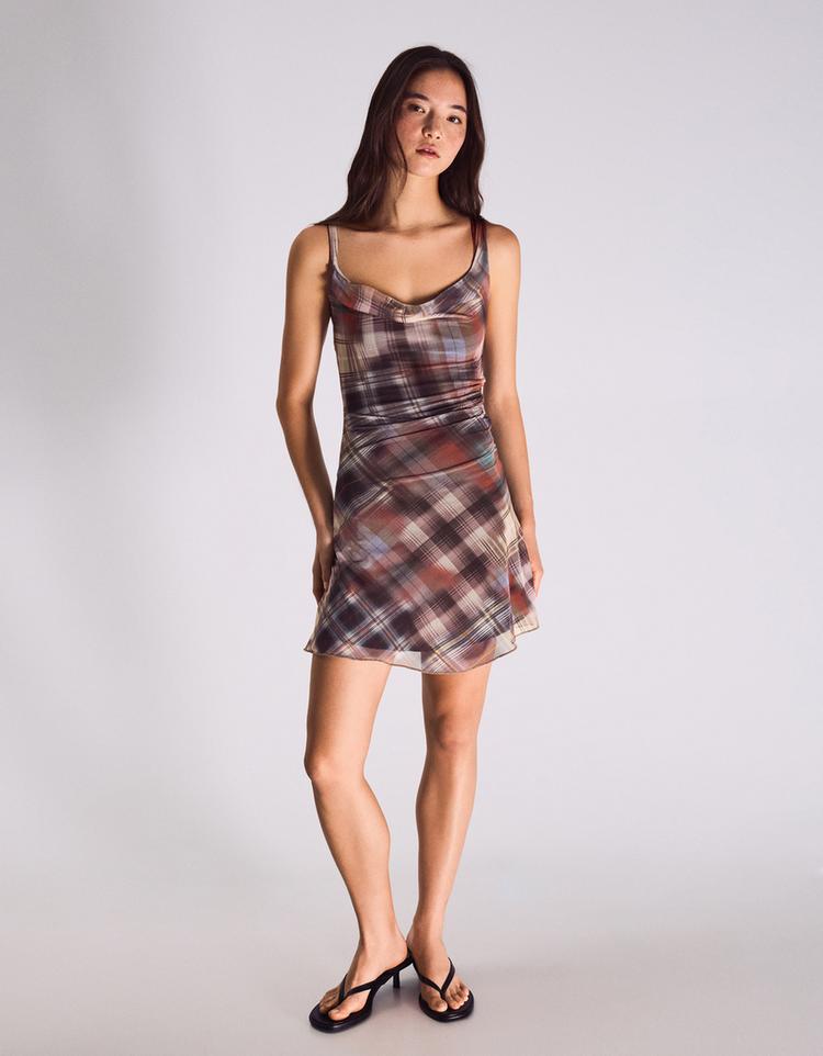 Kareli tül mini elbise