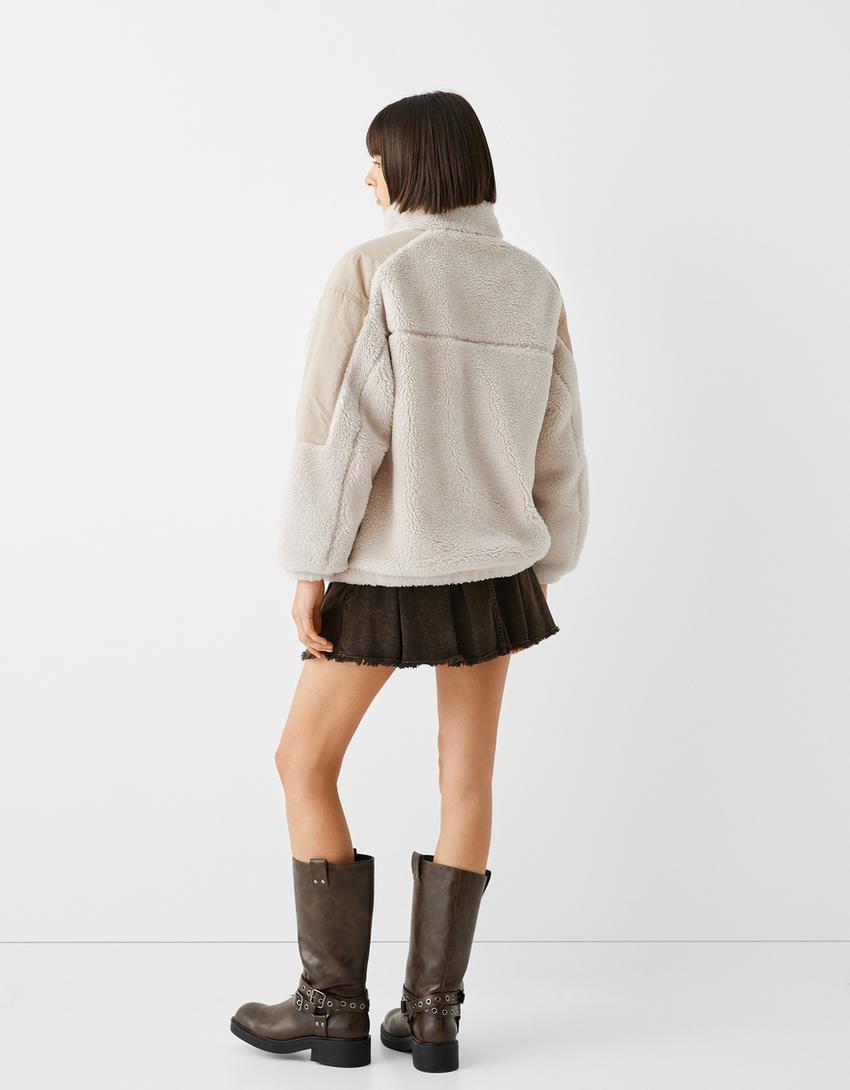 Contrast faux shearling nylon blend jacket-Cream-1