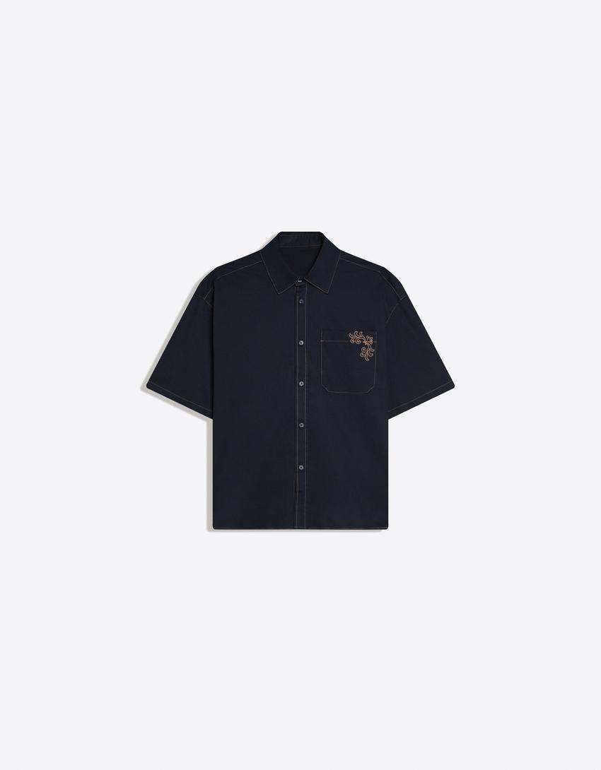 Oversize embroidered short sleeve shirt-Navy
