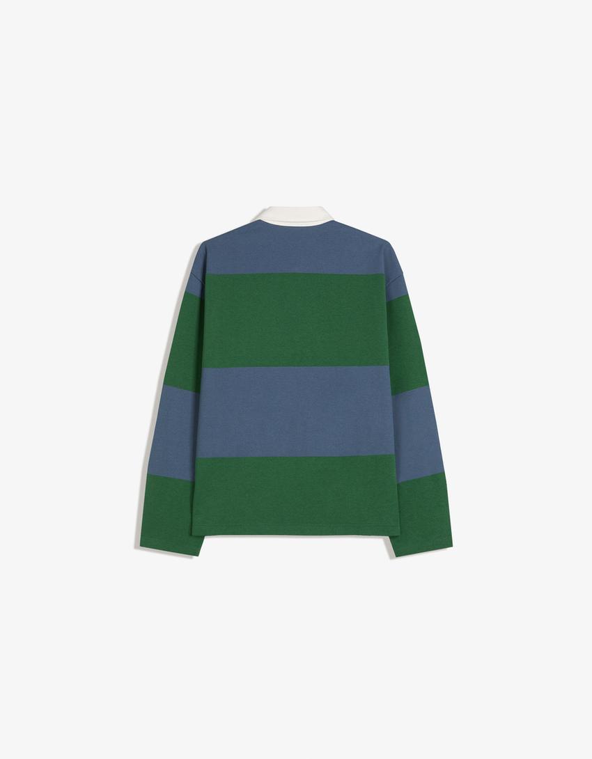 Çizgili boxy fit uzun kollu Polo-Yeşil-5