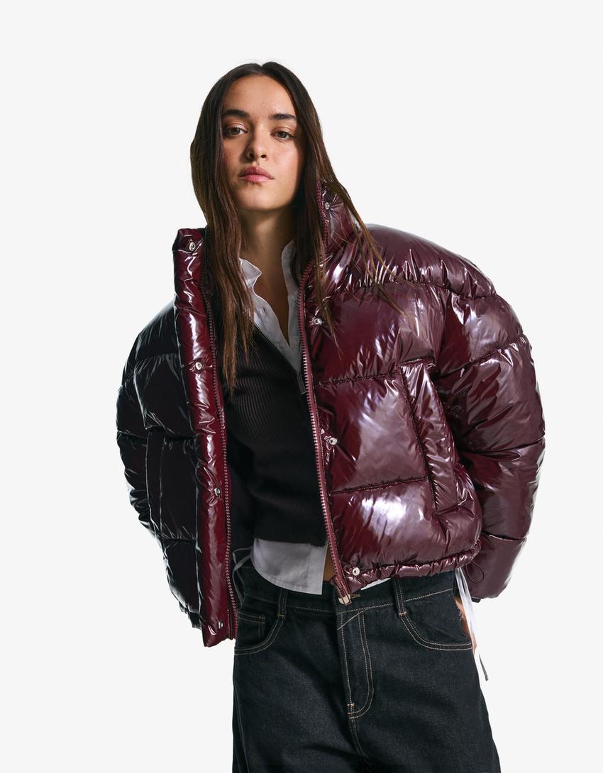 Vinyl-effect puffer jacket-Burgundy-0