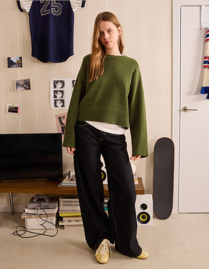 Pulover oversize bază rib-Verde