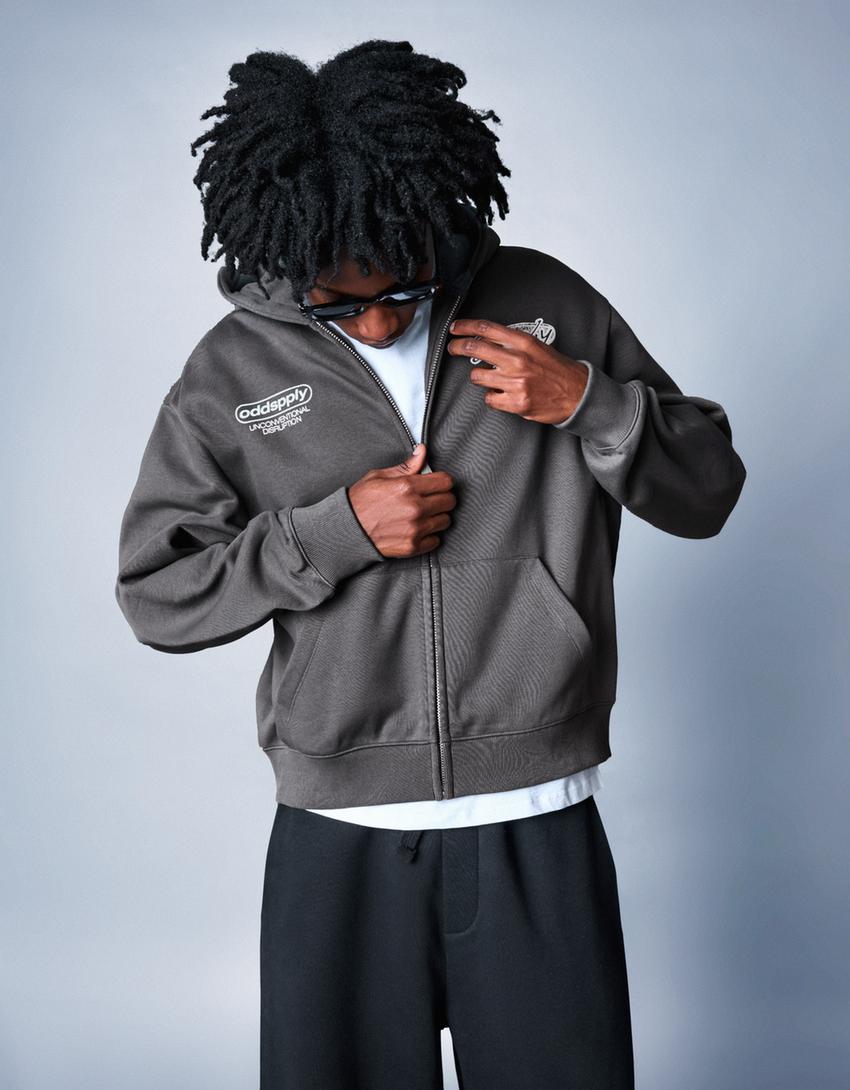 Sweat zippé à capuche imprimé-Gris