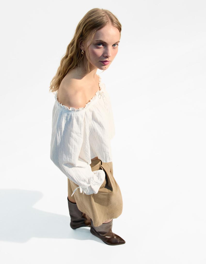 Off-the-shoulder blouse with tie detail-Cream-1