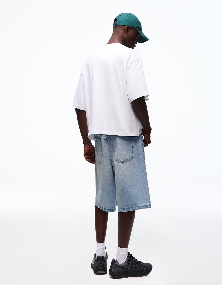 Baggy denim Bermuda shorts-Light blue