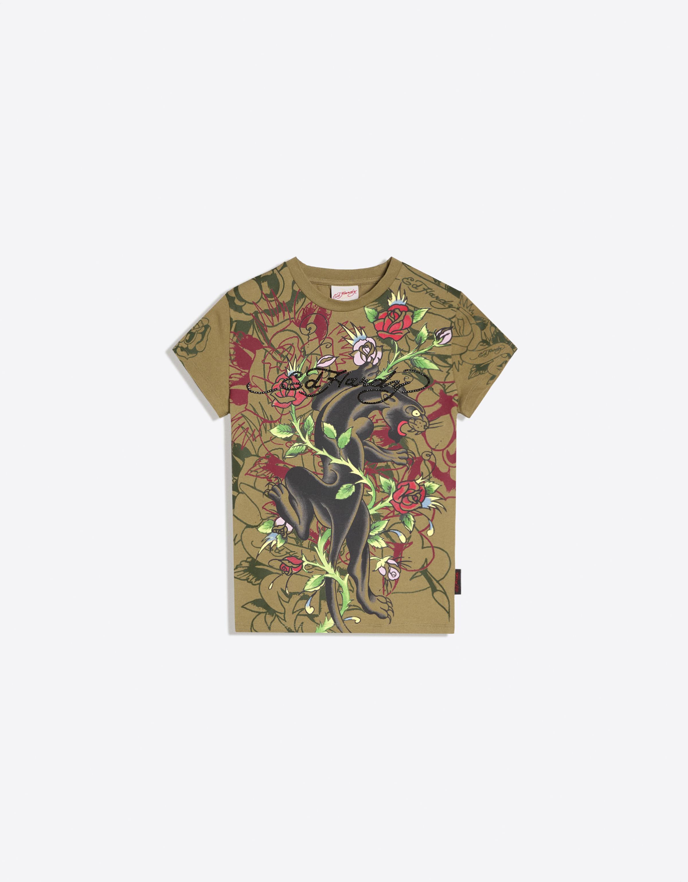 Short sleeve ED HARDY X BERSHKA print T-shirt — Khaki