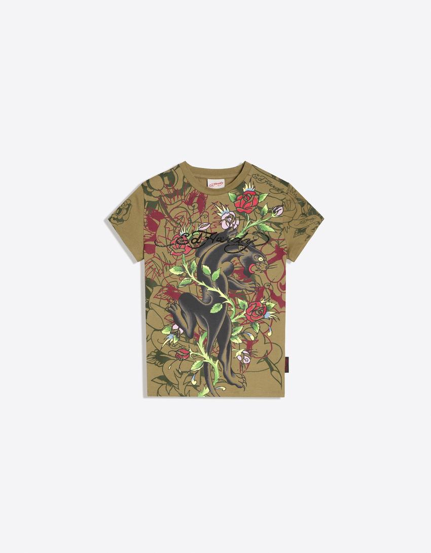 ED HARDY X BERSHKA short sleeve print T-shirt-Khaki