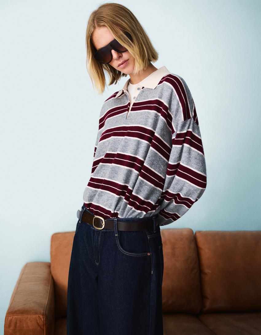 Sweater with polo collar-Burgundy-2